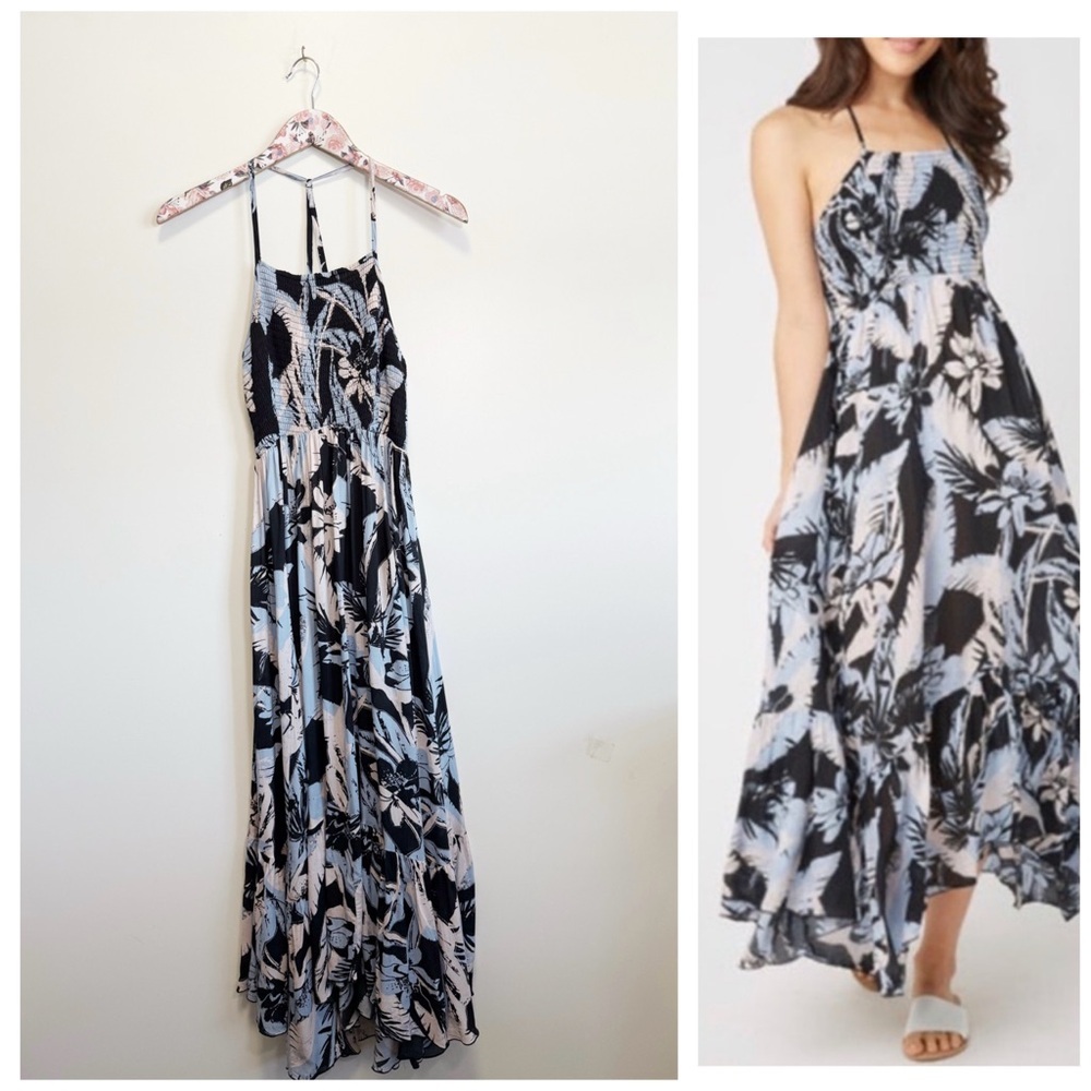 FREE PEOPLE Intimately Heat Wave Smocked Floral Blue Maxi Slip Dress S Small